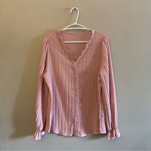 Pink Pleated Blouse w Lace Trim & Flouncy Sleeves – Size Large NWoT